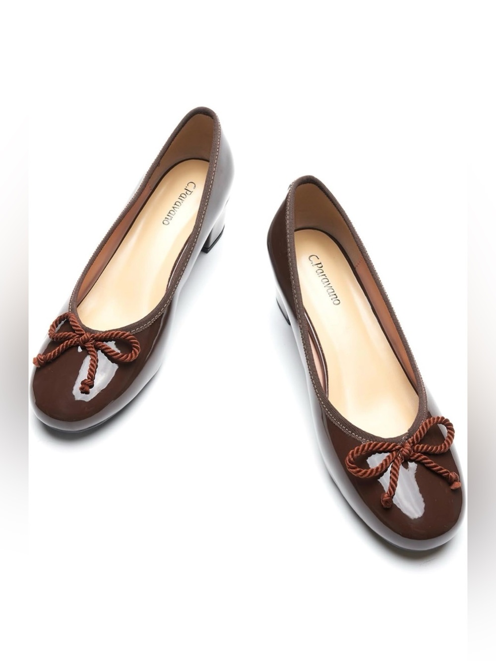 C. Paravano Brown Patent Leather Ballet Flats with Decorative Bow